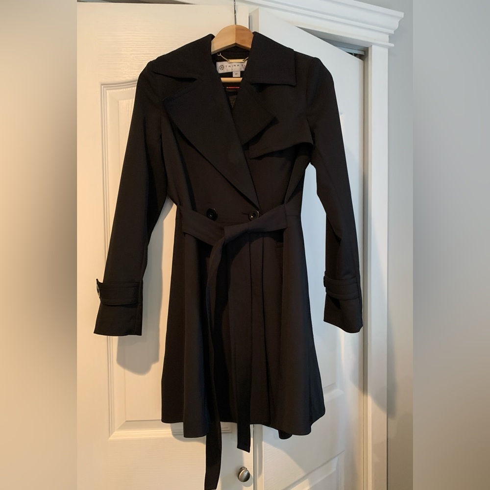 Black trench coat. Trina Turk. Size small.